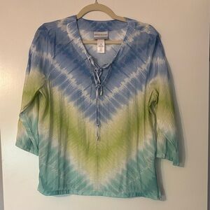 Alfred Dunner Blue & Green Tie-Dye Top, with lace up neckline size PM
